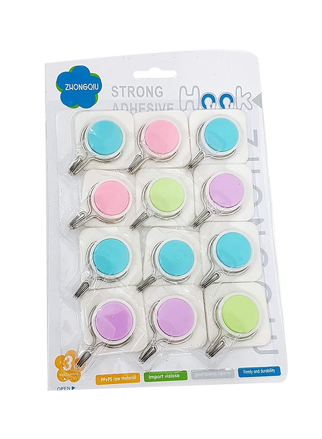 12-Piece Self-Adhesive Plastic Hooks Blue/Pink/Green 5x5cm  - Image 1