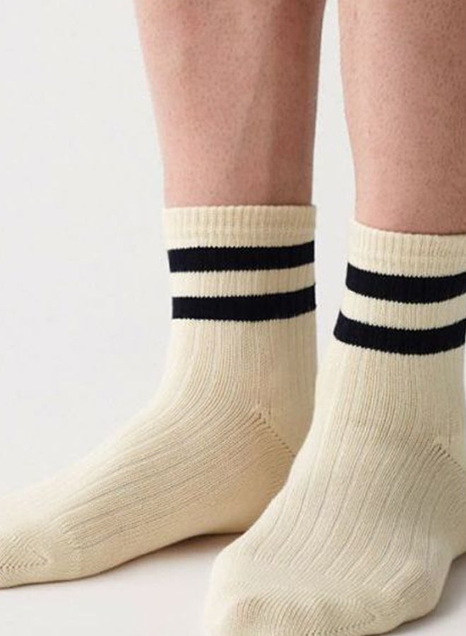 MUJI Cotton Right Angle Socks Beige/Blue  - Image 2