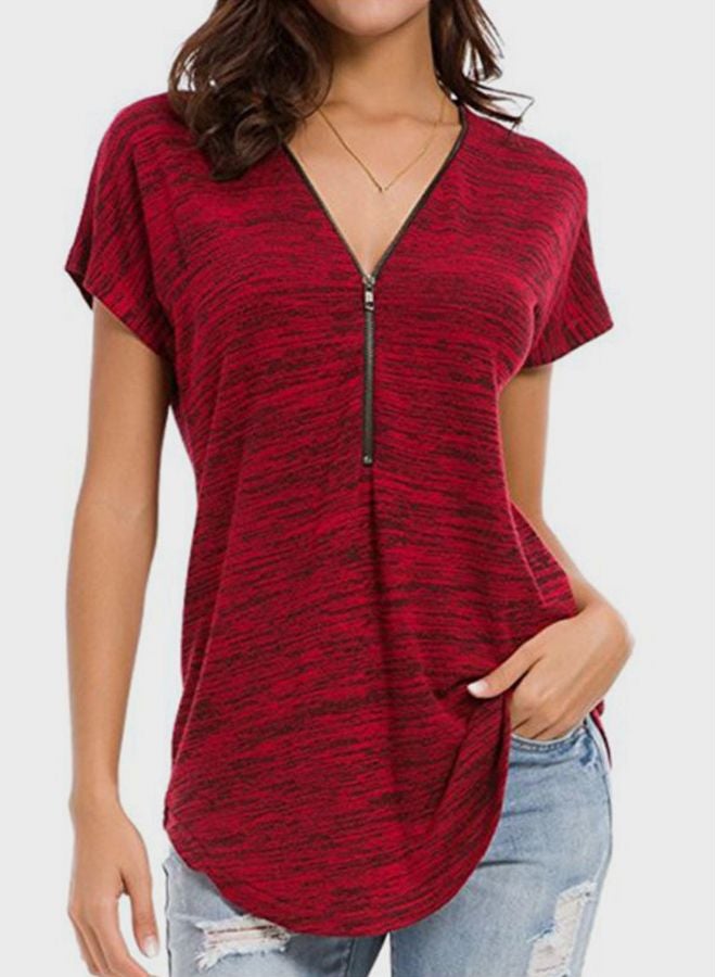 شاربدو بلوزة بأكمام قصيرة ورقبة على شكل الحرف V أحمر برغندي - Image 1