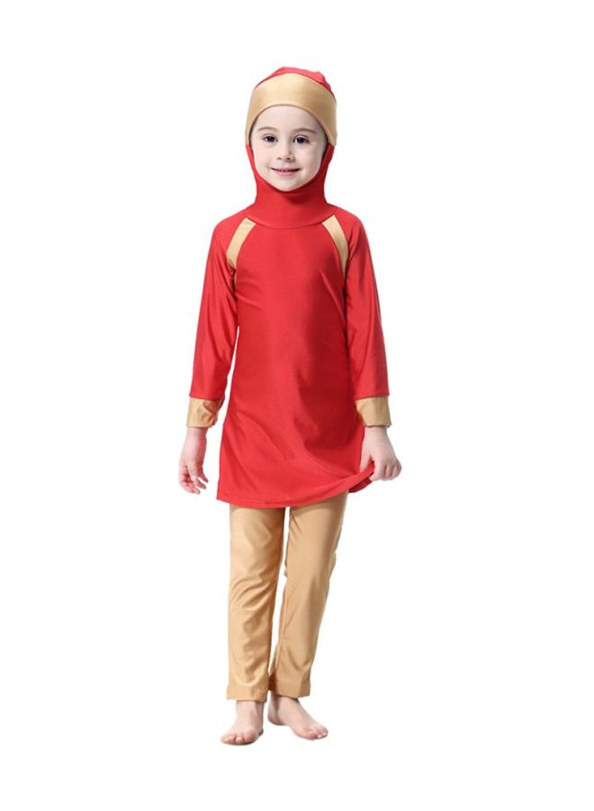 شاربدو طقم بوركيني بأكمام طويلة وقبعة رأس مكوّن من قطعتين أحمر / بيج - Image 1