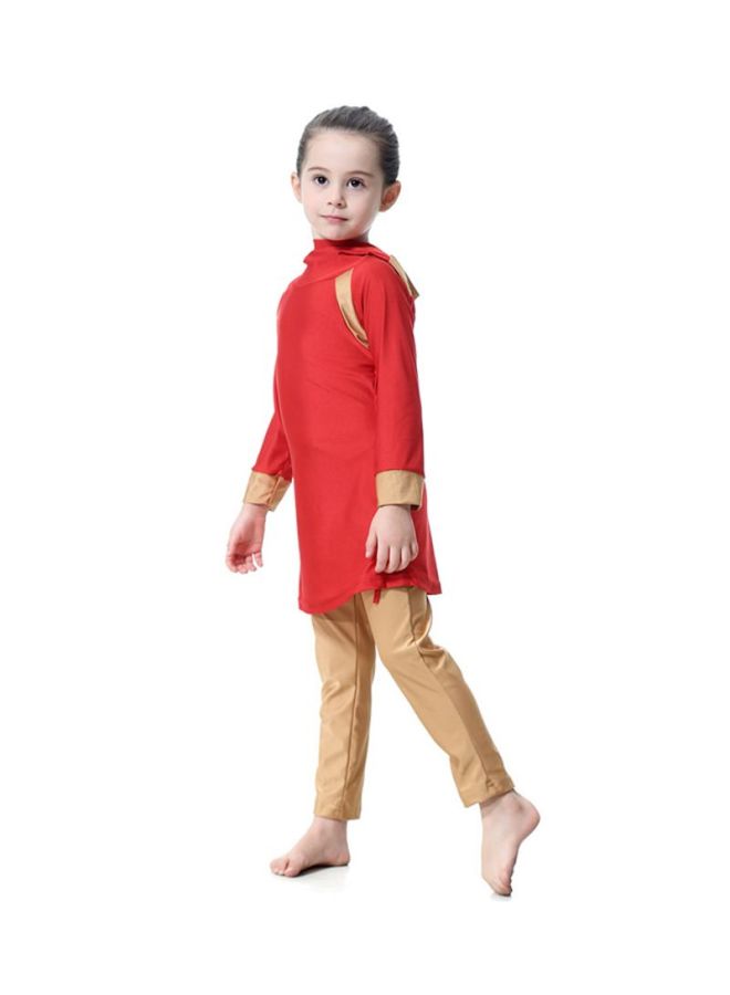 شاربدو طقم بوركيني بأكمام طويلة وقبعة رأس مكوّن من قطعتين أحمر / بيج - Image 3