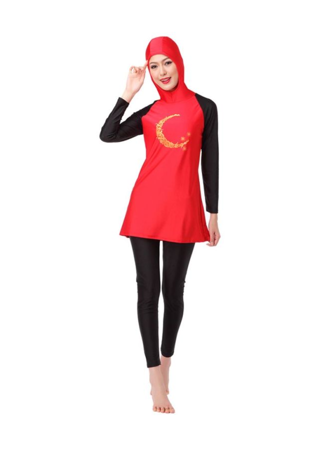 شاربدو طقم بوركيني مزود بقبعة رأس وأكمام طويلة مكوّن من قطعتين أحمر وأسود  - Image 1