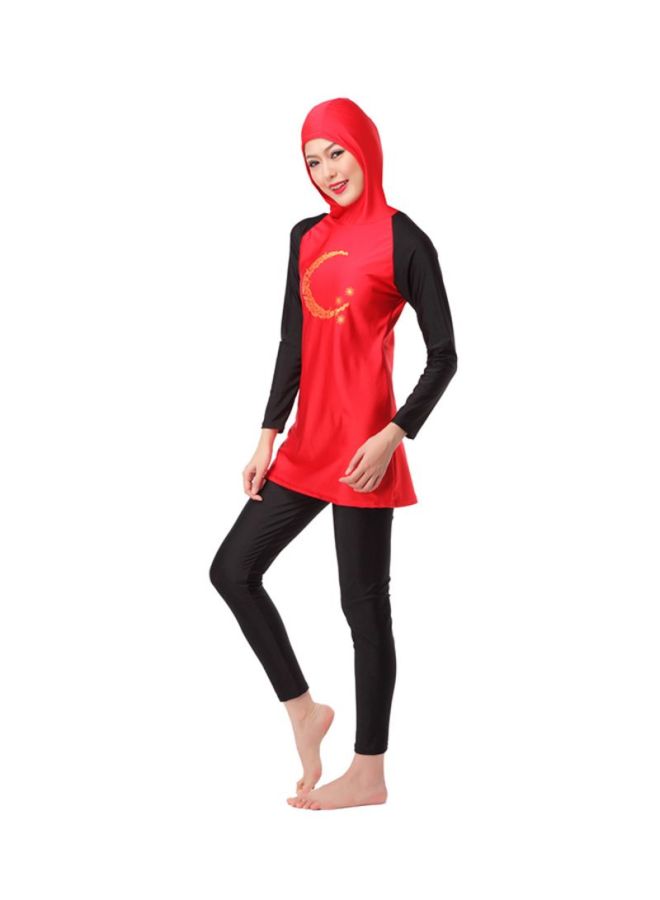 شاربدو طقم بوركيني مزود بقبعة رأس وأكمام طويلة مكوّن من قطعتين أحمر وأسود  - Image 3