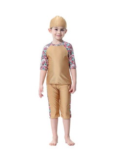 3-Piece Short Sleeve Flower Pattern Burkini Camel