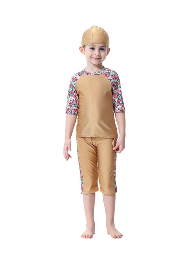 Sharpdo - 3-Piece Short Sleeve Flower Pattern Burkini Camel - Image 1