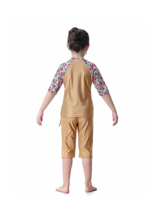 Sharpdo - 3-Piece Short Sleeve Flower Pattern Burkini Camel - Image 1