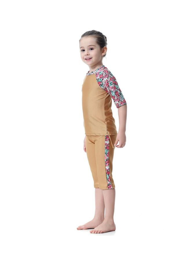 Sharpdo - 3-Piece Short Sleeve Flower Pattern Burkini Camel - Image 1