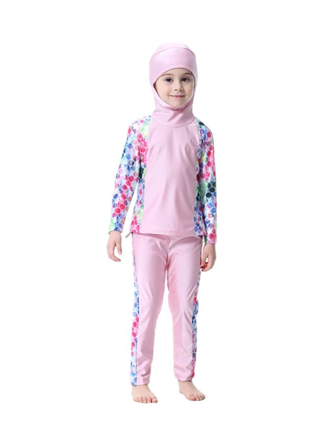 شاربدو طقم بوركيني بأكمام طويلة وقبعة رأس مكوّن من قطعتين وردي/أبيض/ أزرق - Image 1