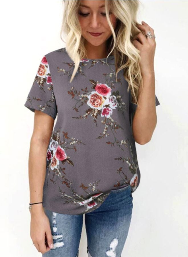 شاربدو بلوزة بوليستر مزينة بطبعات رمادي/بني/أحمر - Image 1