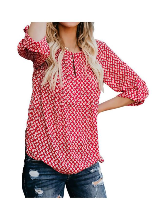 شاربدو قميص كاجوال بأكمام طويلة ورقبة دائرية ومزين بطبعة أحمر/أبيض - Image 1