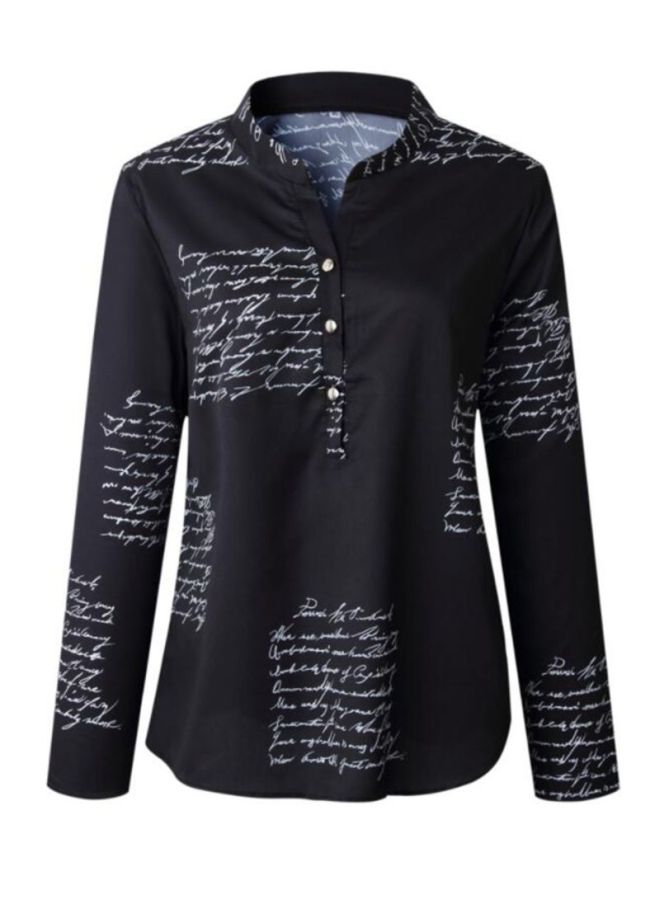 شاربدو قميص مطبوع بأكمام طويلة وفتحة عنق على شكل حرف V أسود/ أبيض - Image 1