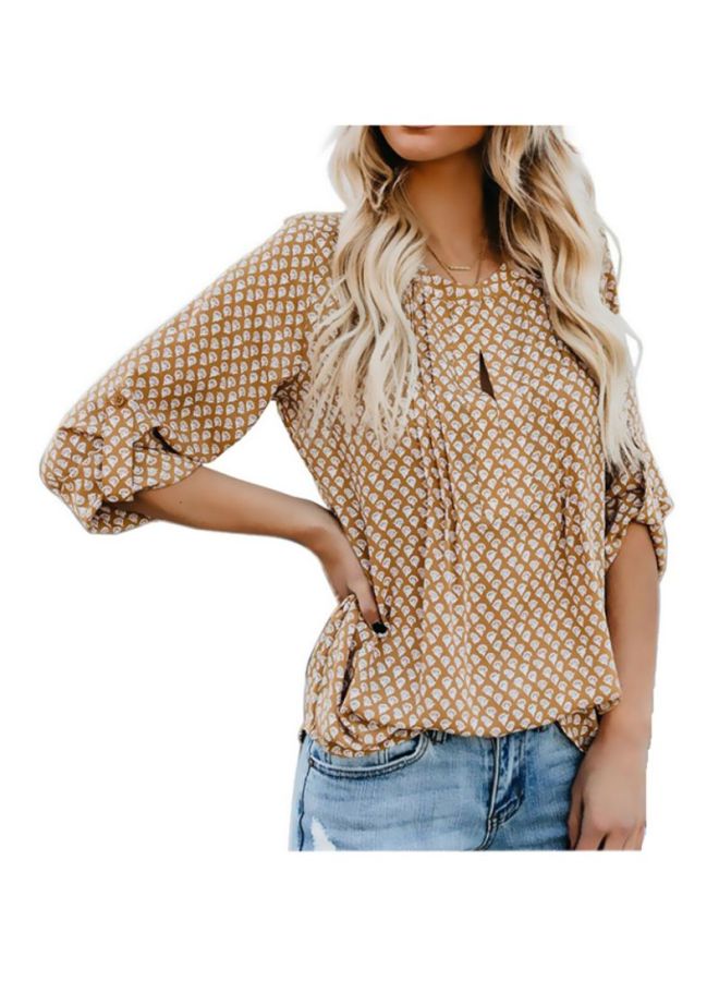 Sharpdo Round-Neck Print Casual Long-Sleeved Shirt Beige/White  - Image 1