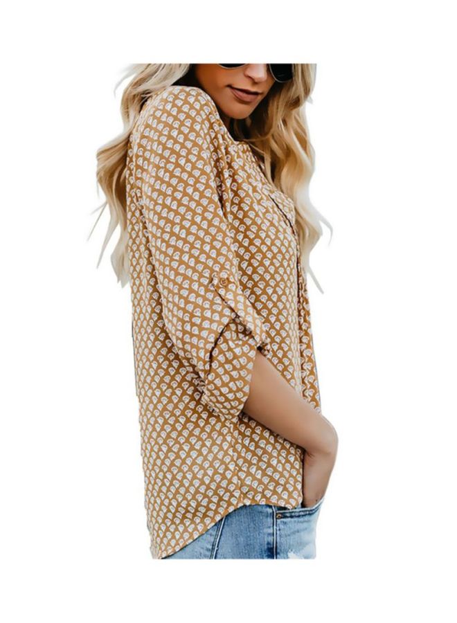 Sharpdo Round-Neck Print Casual Long-Sleeved Shirt Beige/White  - Image 3