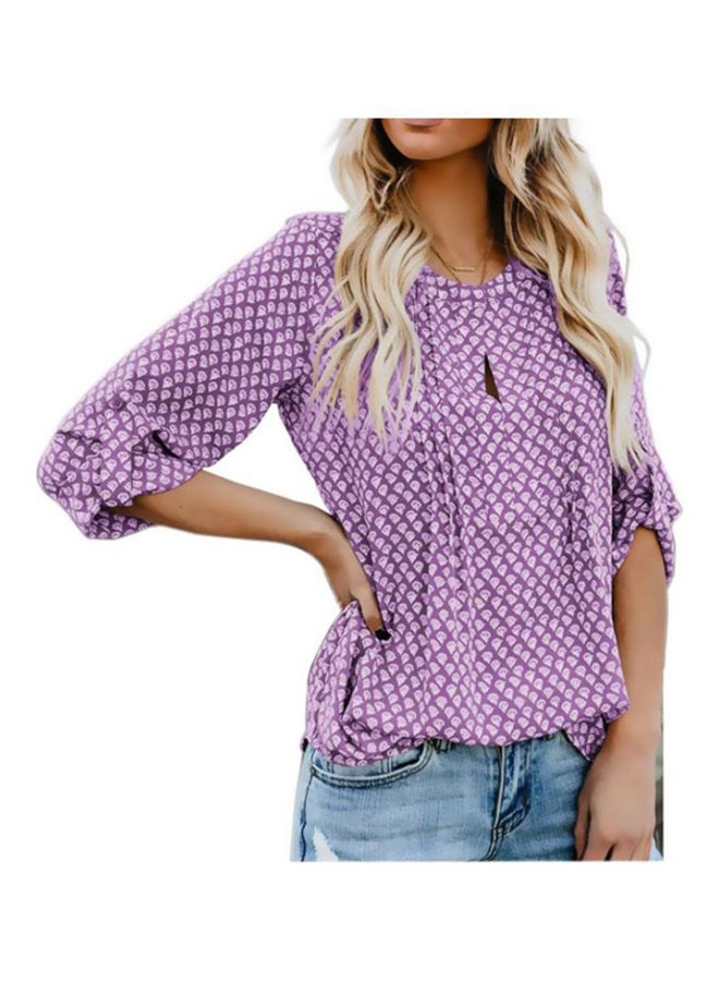 Sharpdo Round-Neck Print Casual Long-Sleeved Shirt Purple/White - Image 1