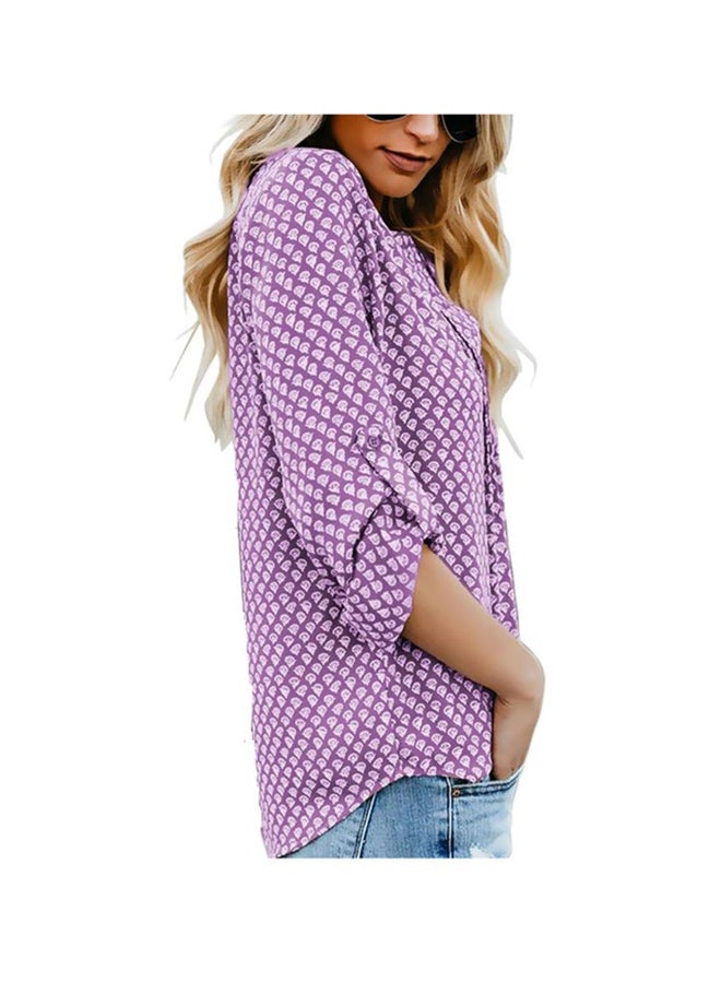 Sharpdo Round-Neck Print Casual Long-Sleeved Shirt Purple/White - Image 3