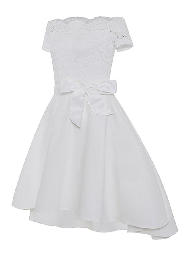Sharpdo - Off Shoulder Lace Dress With Waist Band White - Image 1