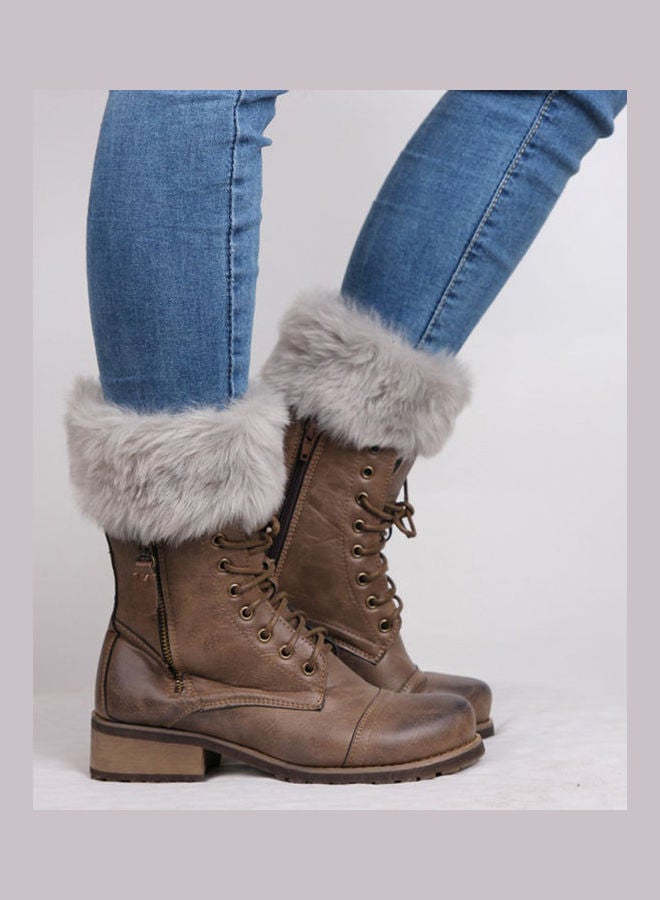 Crochet Knit Plush Trim Leg Boot Socks White  - Image 5
