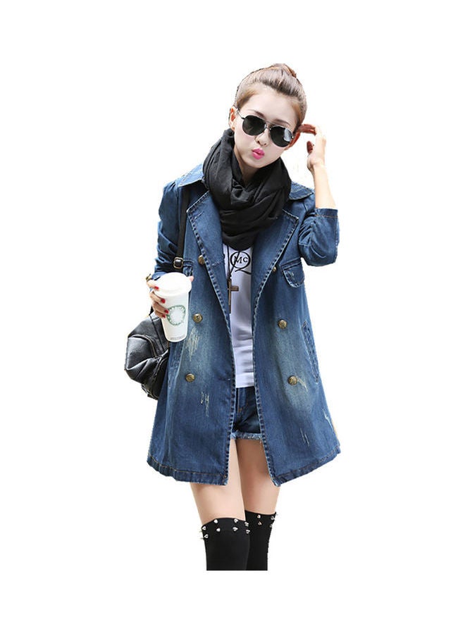 معطف جينز كاجوال فضفاض بلون الجينز الأزرق - Image 1