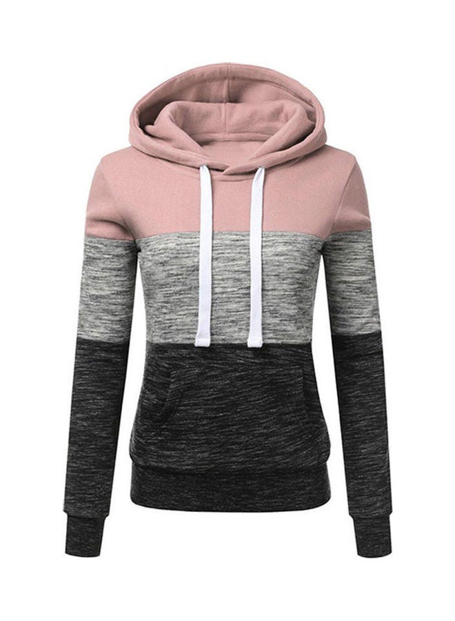 Colourblock Pattern Long Sleeve Hoodie Pink/Black/Grey  - Image 1