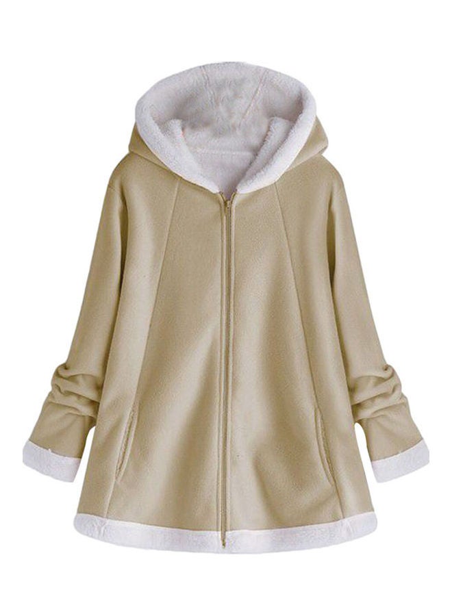 Solid Pattern Hooded Neck Coat Khaki/White