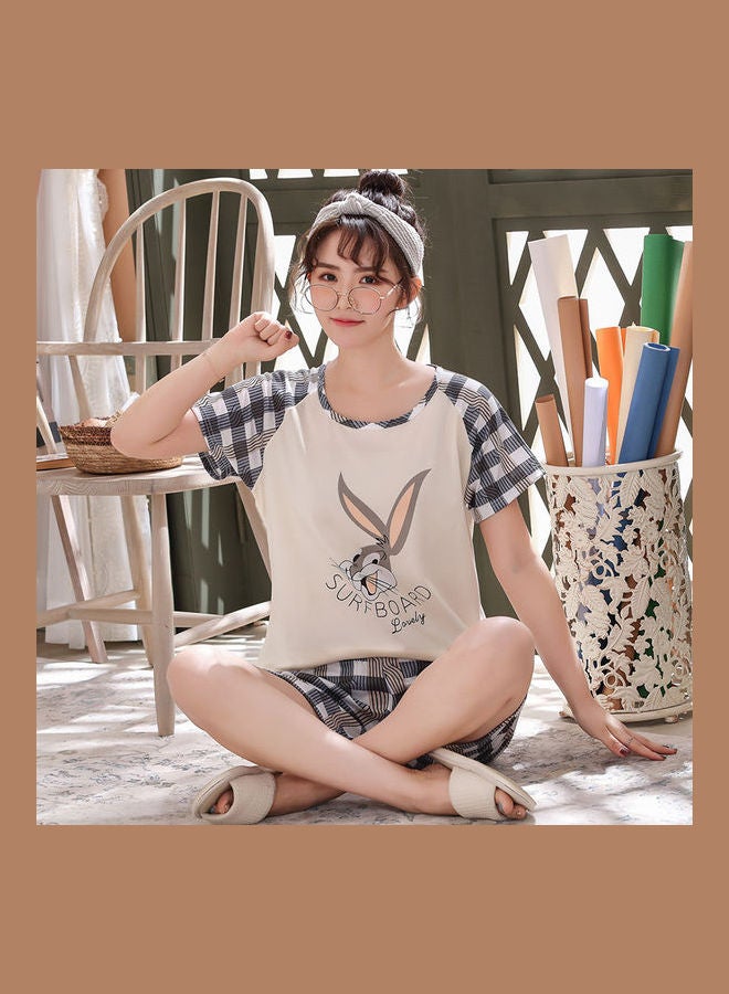Cartoon Check Printed T-Shirt And Shorts Set Beige/Black/White - Image 1