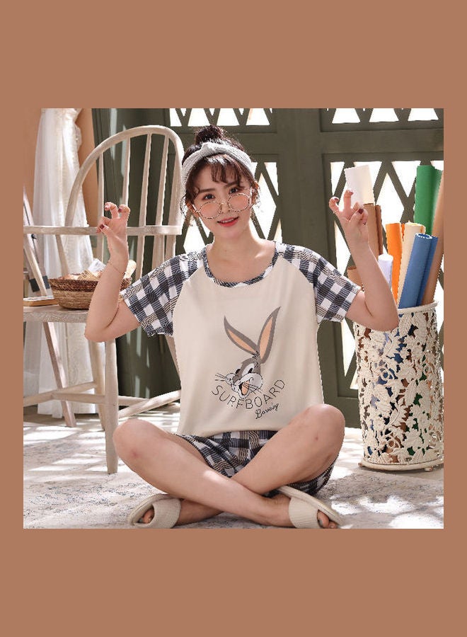 Cartoon Check Printed T-Shirt And Shorts Set Beige/Black/White - Image 2