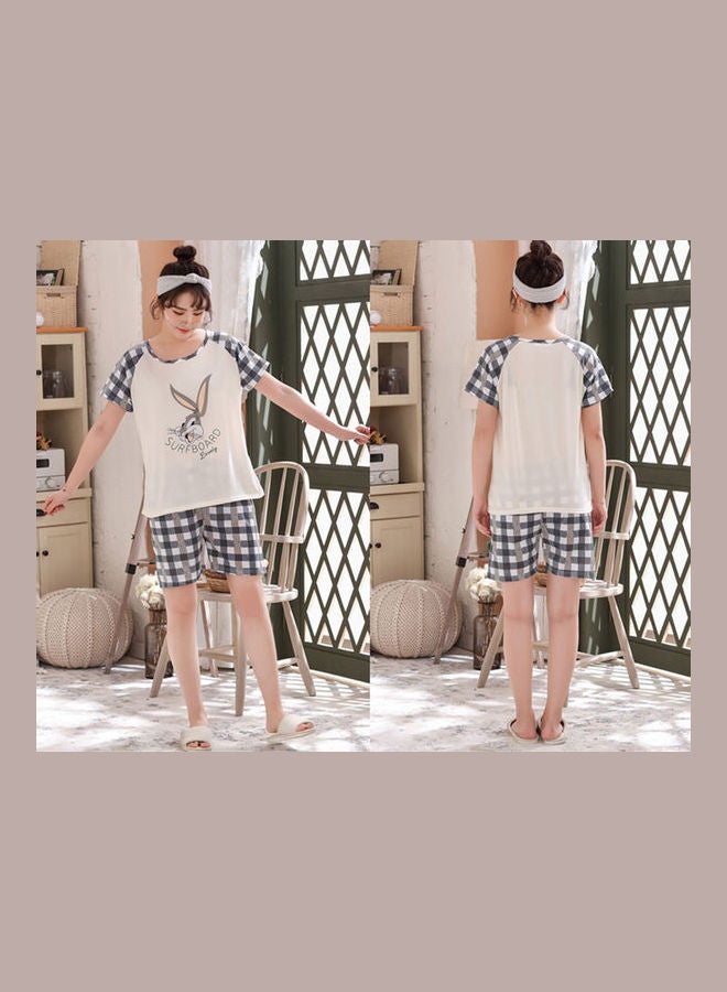 Cartoon Check Printed T-Shirt And Shorts Set Beige/Black/White - Image 3