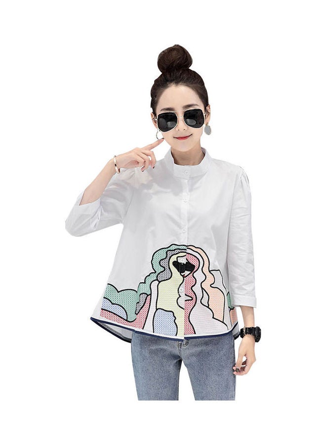 بلوزة دمية مطرزة بأكمام وقبة قائمة أبيض - Image 1