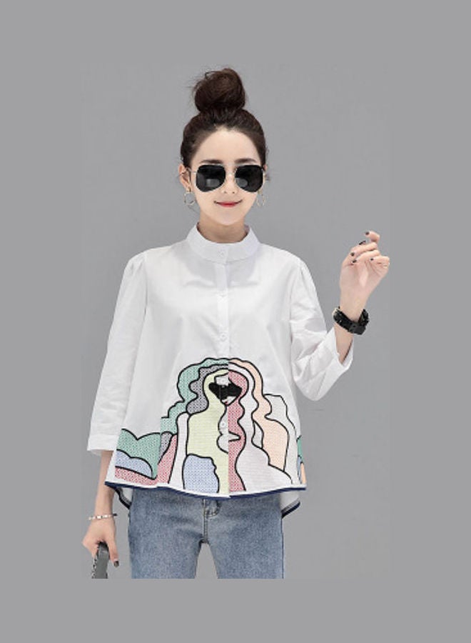 بلوزة دمية مطرزة بأكمام وقبة قائمة أبيض - Image 4