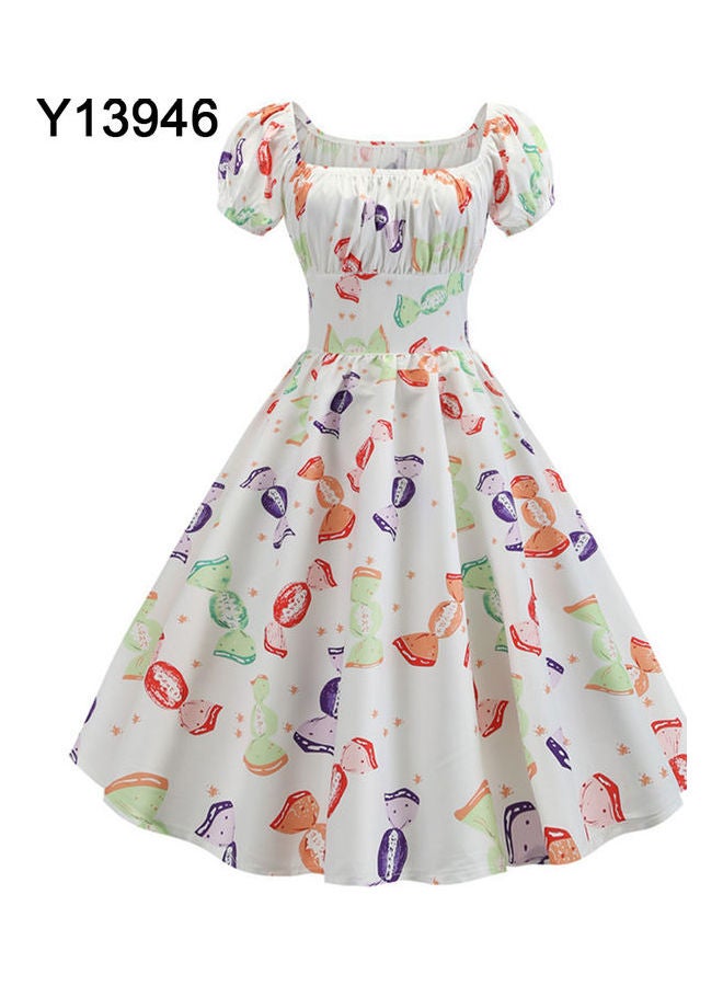 Vintage Floral Print Swing Lolita Midi Dress White  - Image 1