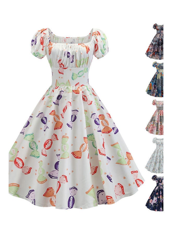 Vintage Floral Print Swing Lolita Midi Dress White  - Image 4