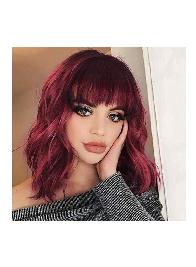 Synthetic Curly Bob Wig with Bangs Short for Women Red 18inch