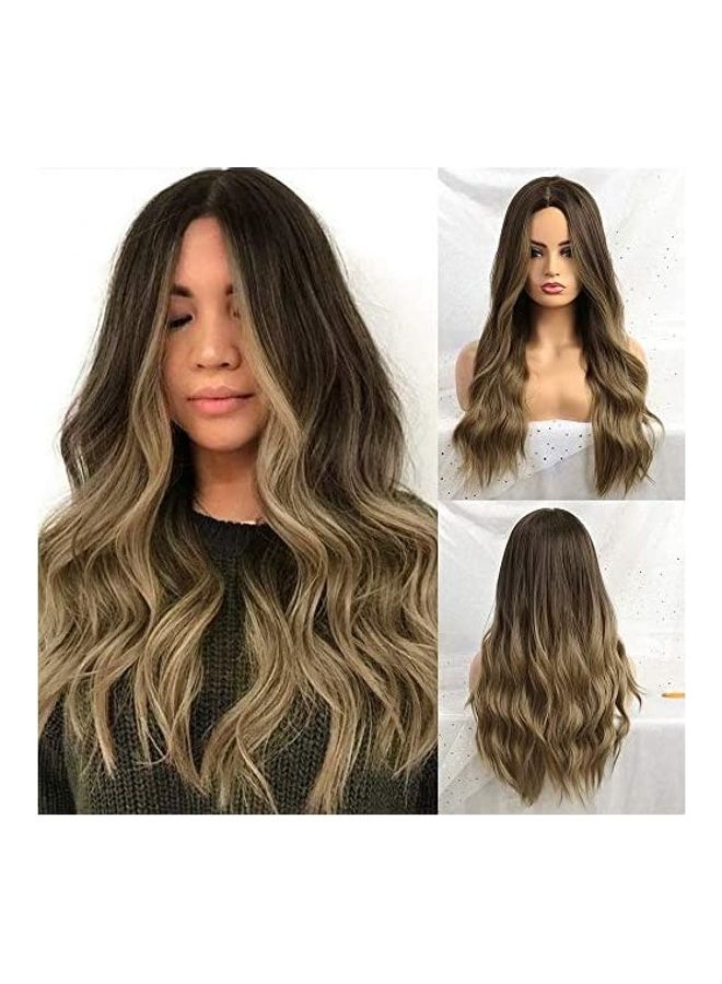 شعر مستعار صناعي طويل ومموج بلون متدرج بني/ أسود 18بوصة