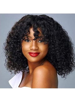 Kinky Curly Human Hair Wig with Bang Black 16inch