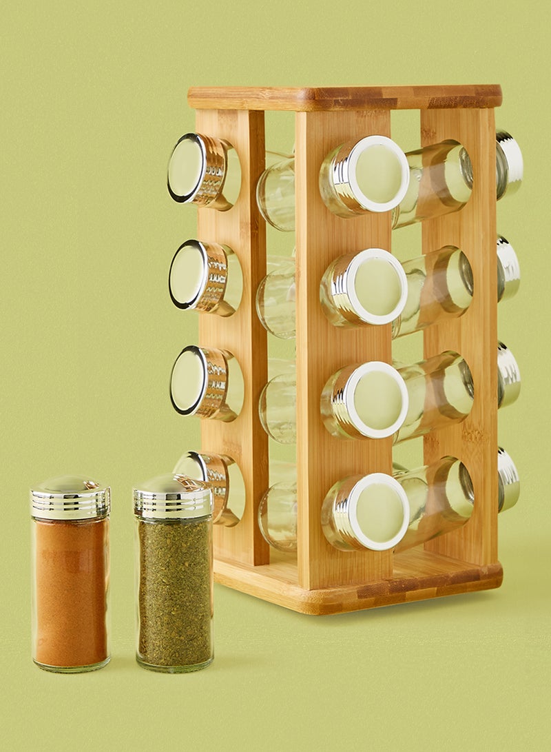 noon east 16 Pcs Heavy Duty Glass Spice Bottle for Seasoning Revolving 360-degree Made From Natural and Renewable Bamboo Materials - Brown - Image 1