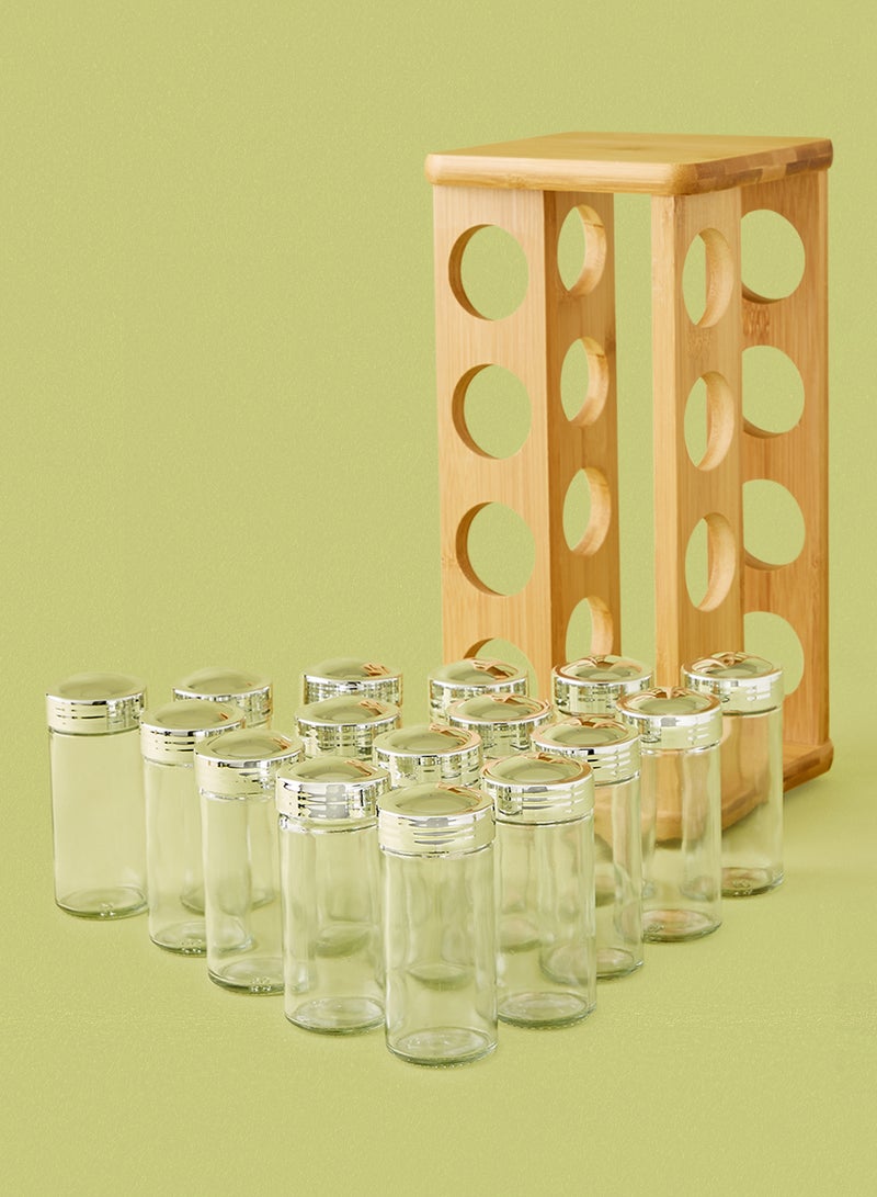 noon east 16 Pcs Heavy Duty Glass Spice Bottle for Seasoning Revolving 360-degree Made From Natural and Renewable Bamboo Materials - Brown - Image 2