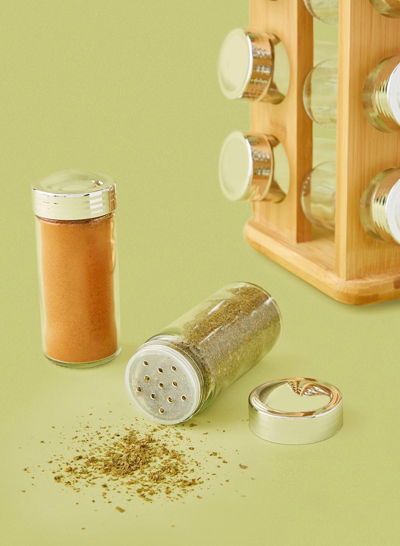 noon east 16 Pcs Heavy Duty Glass Spice Bottle for Seasoning Revolving 360-degree Made From Natural and Renewable Bamboo Materials - Brown - Image 3