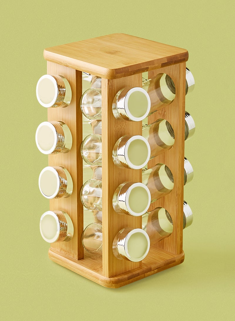 noon east 16 Pcs Heavy Duty Glass Spice Bottle for Seasoning Revolving 360-degree Made From Natural and Renewable Bamboo Materials - Brown - Image 4