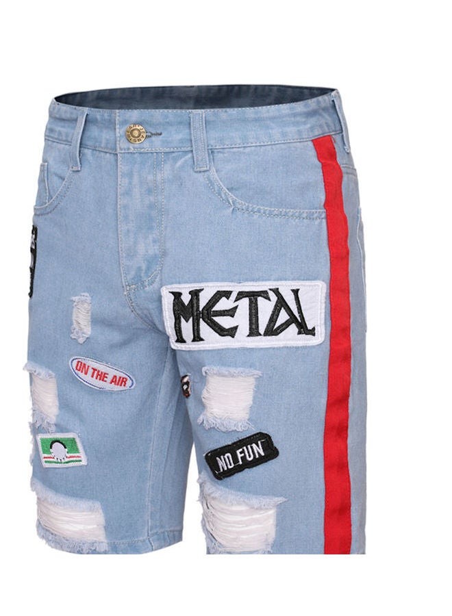 Embroidery Patch Distressed Denim Shorts Blue/Red 