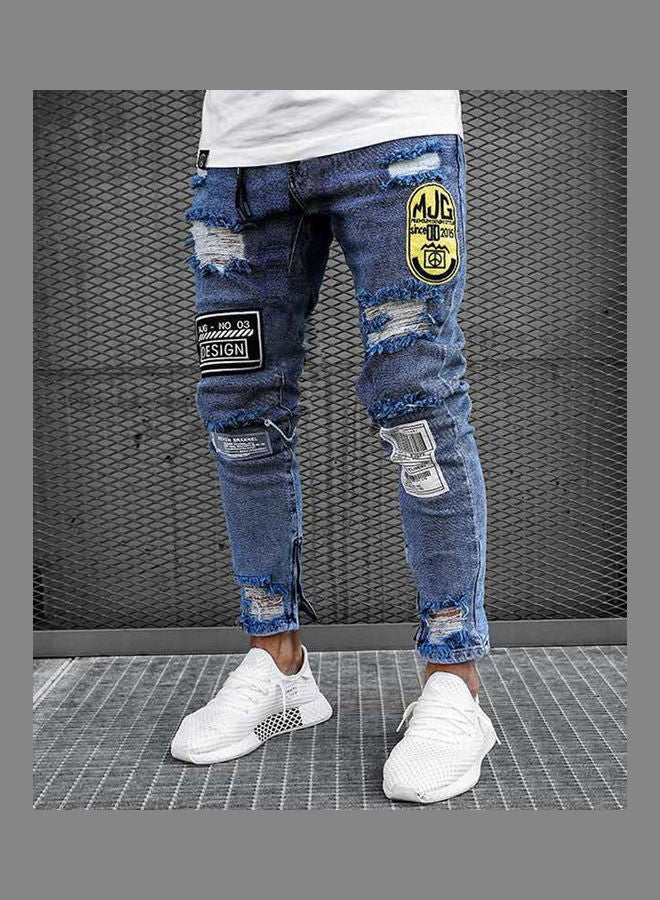 Generic - Hole Badge Patch Slim Jeans Blue - Image 1