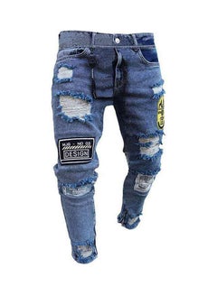 Hole Badge Patch Slim Jeans Blue