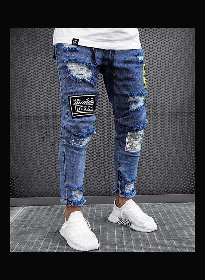 Generic - Hole Badge Patch Slim Jeans Blue - Image 1