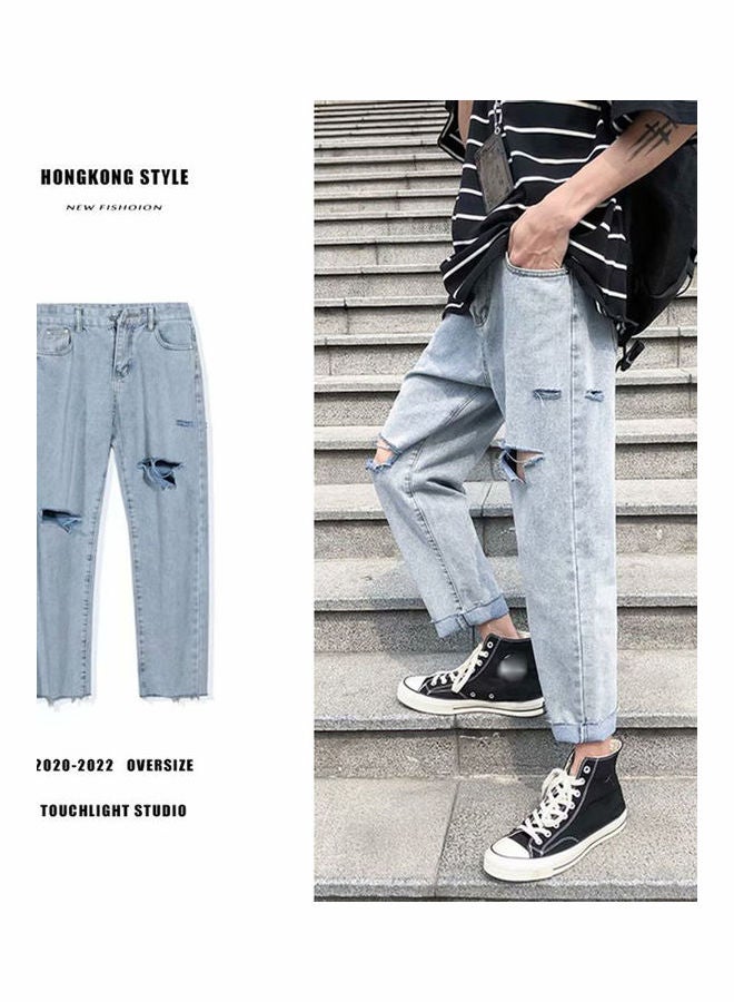 Generic - Men's Jeans Korean Style Loose Trend Nine Points Blue - Image 1