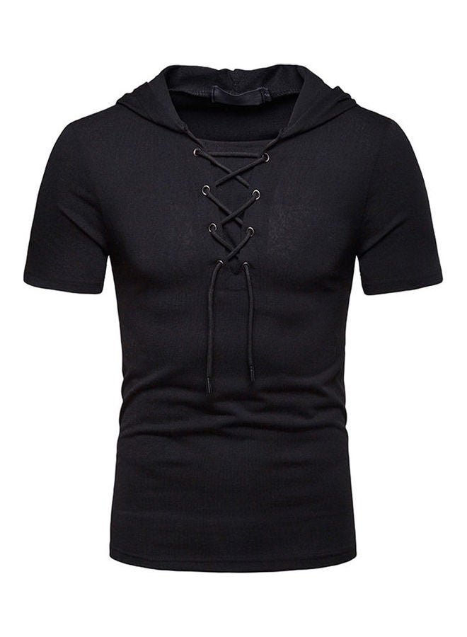Casual Solid colour Hooded Belted T-Shirt Black - Image 1