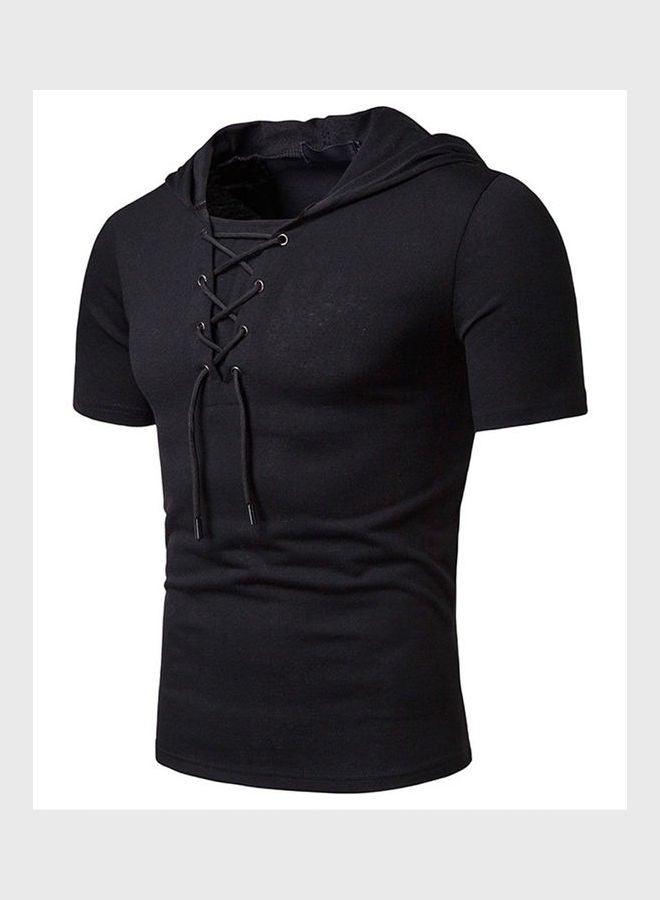 Casual Solid colour Hooded Belted T-Shirt Black - Image 2