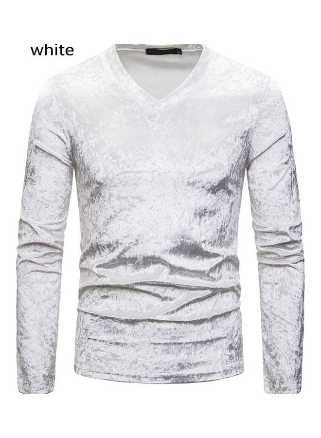 Men Plush Surface V Collar Long Sleeve Slim Shirt White - Image 1
