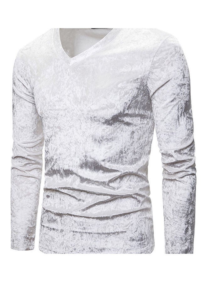 Men Plush Surface V Collar Long Sleeve Slim Shirt White - Image 2