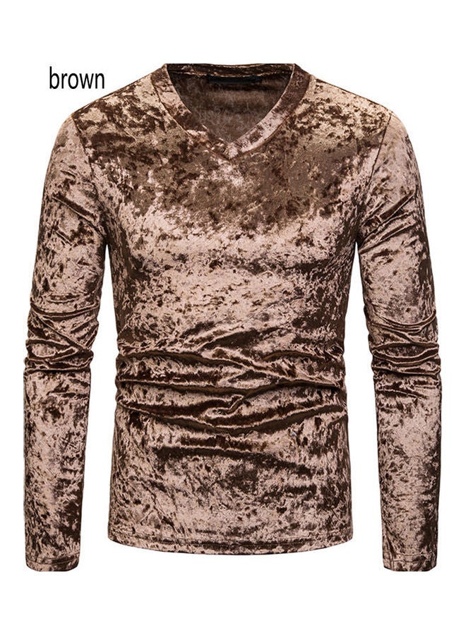 Men Plush Surface V Collar Long Sleeve Slim Shirt Brown - Image 1