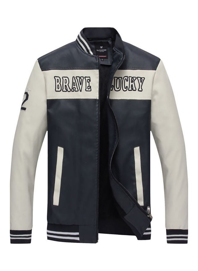 PU Leather Jacket with Letters Decor White Blue 