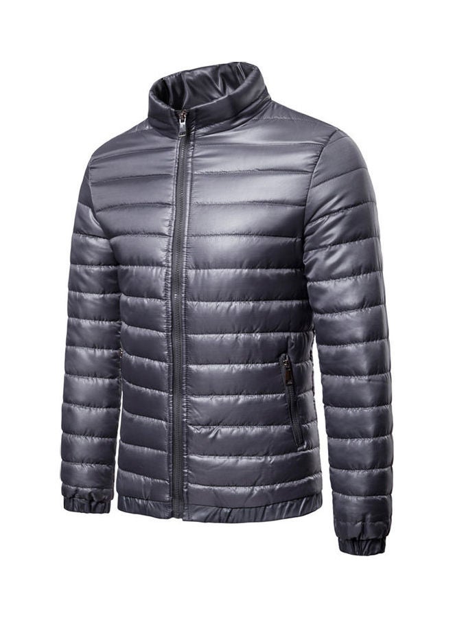 Autumn Winter Men Stand Collar Zipper Jacket Grey 